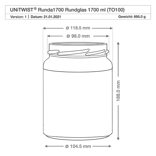 Frasco redondo de 1700ml sem tampa (TO100) UNiTWIST Desenho técnico dos copos UNiTWIST Runda1700 1700ml TO100 Dimensões Dimensões 118,5 mm de diâmetro 188 mm de altura
