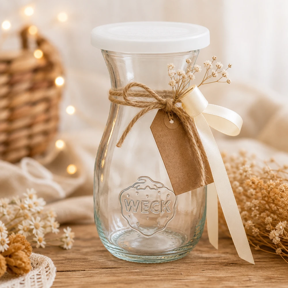 Garrafa de sumo WECK de 290 ml decorada com um pendente de fita de juta e flores secas numa mesa de madeira com luz quente