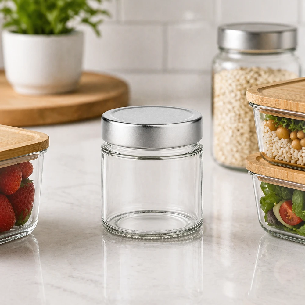 Frasco redondo de 135 ml com tampa prateada cenário de cozinha com frascos de arrumação bagas salada cereais arrumação moderna