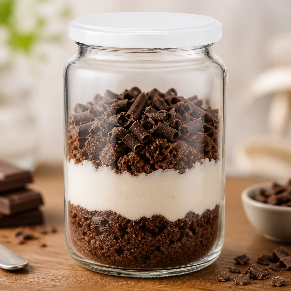 O copo redondo UNiTWIST de 795 ml cheio de sobremesa de chocolate em camadas mostra a sua utilização prática como copo de sobremesa
