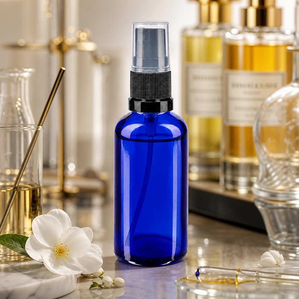 Frasco pulverizador azul de 50 ml em vidro de farmácia, com pulverizador fino preto e uma flor branca