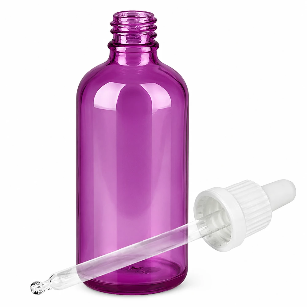 Frasco de 100 ml para pipetas com tampa de rosca branca Originality PurpleLine UT18/100 Frasco de vidro roxo de 100 ml com pipeta para óleos essenciais e soros