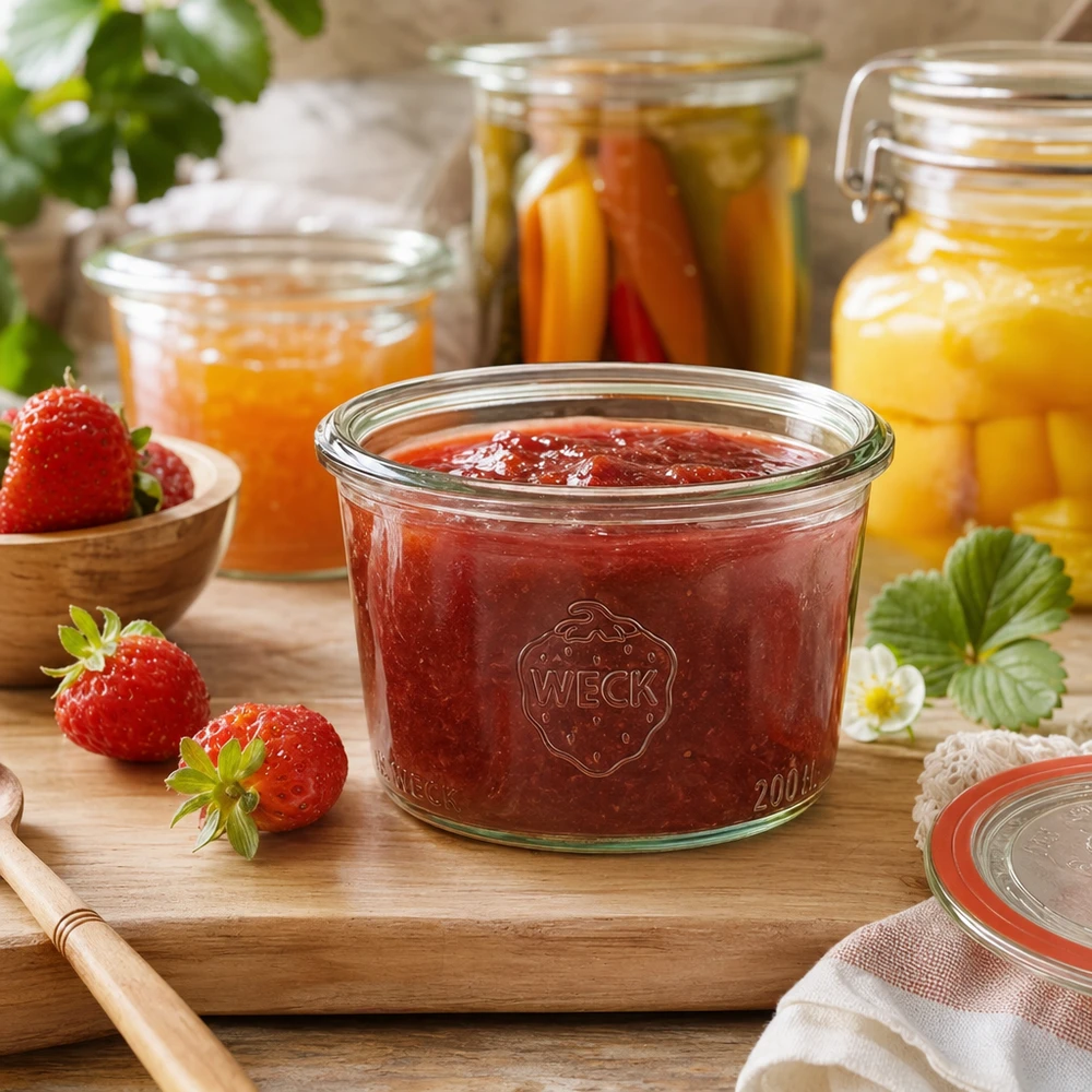 Frasco de vidro de 200 ml WECK RR80 Frasco de vidro WECK RR80 de 200 ml cheio de compota de morango numa tábua de madeira ao lado de morangos frescos e frascos de conserva