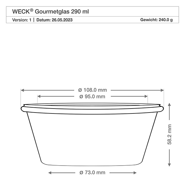 290ml Gourmetglas WECK RR100 Desenho técnico do frasco WECK Gourmet 290ml RR100 com dimensões Diâmetro 108mm Altura 58mm Peso 240g