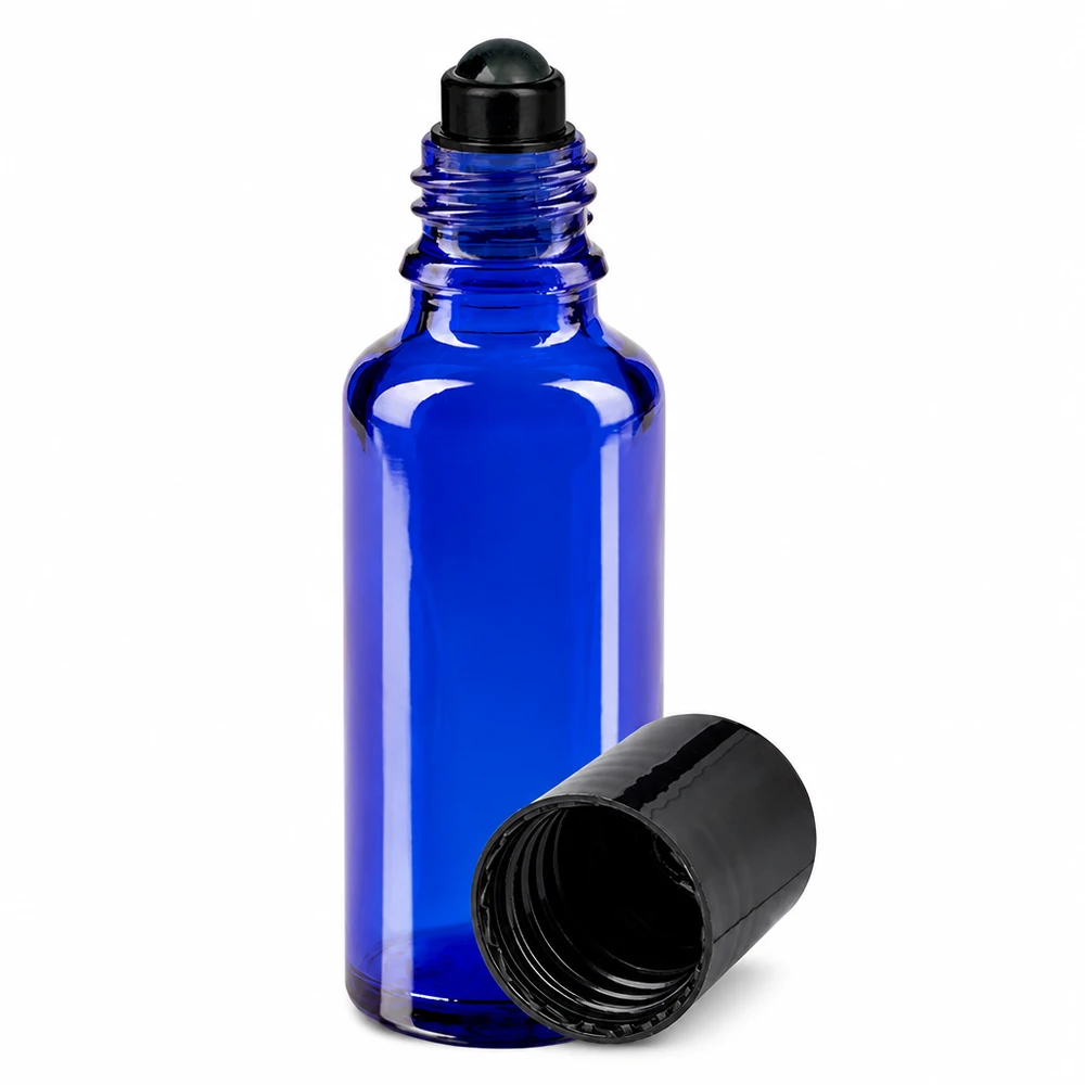 Frasco de farmácia azul 30ml com tampa de rosca preta Frasco de vidro azul de 30 ml com aplicador roll-on preto e tampa de rosca para óleos essenciais