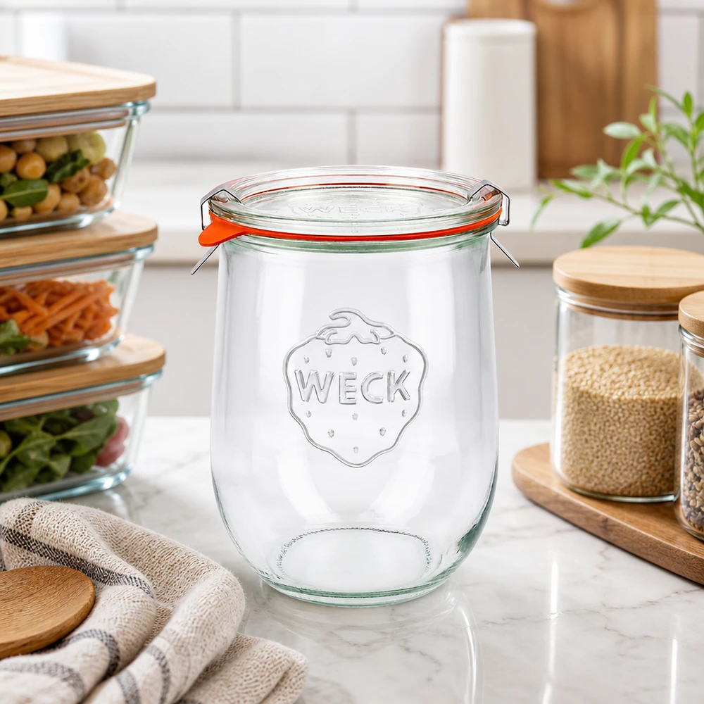 Frasco tulipa de 1062ml completo WECK RR100 WECK Tulpenglas 1062ml RR100 auf Marmor-Arbeitsplatte zwischen anderen Vorratsgläsern in stilvoller Küchen-Einrichtung