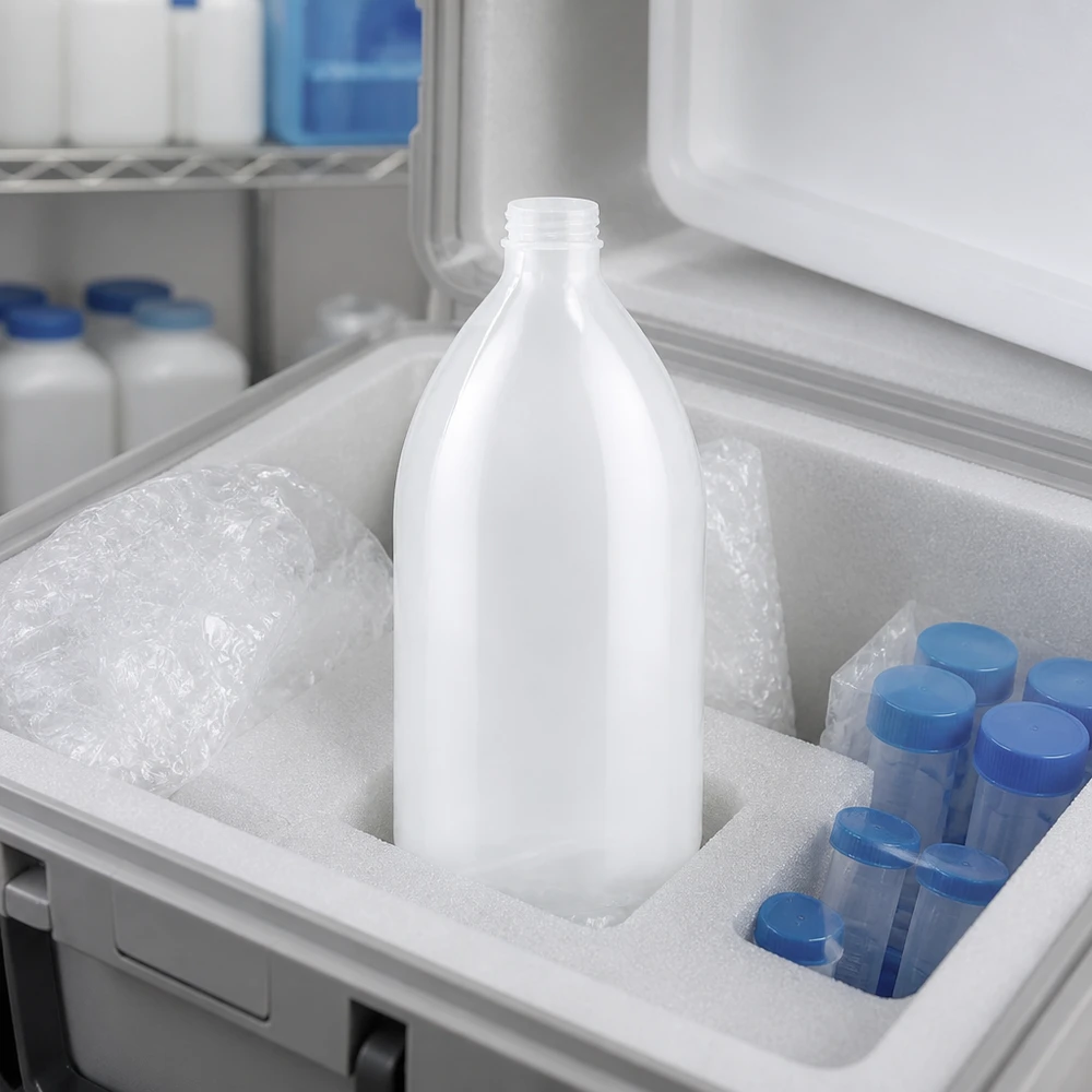 Frasco de laboratório de gargalo estreito de 1000 ml, sem tampa, numa caixa de esferovite com blocos refrigerantes e tubos de amostra