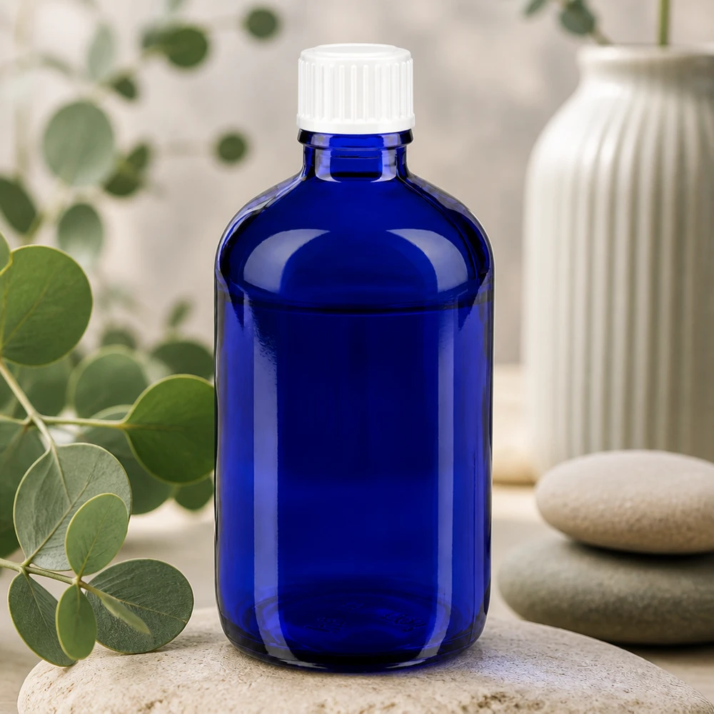 Frasco redondo de vidro azul com 100 ml e tampa branca estriada sobre pedras naturais