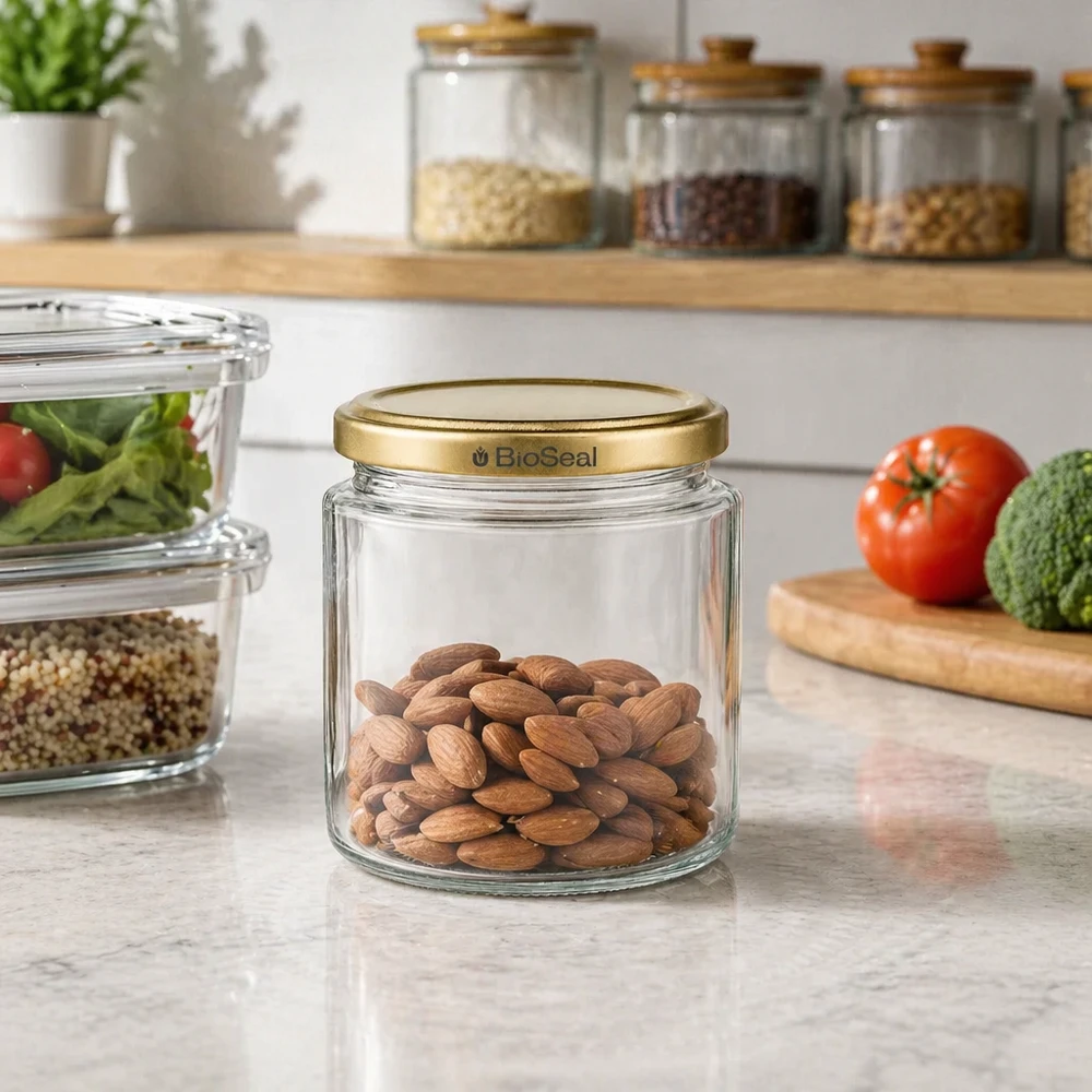 350g Honigglas + BioSeal Deckel gold UNiTWIST Frasco de armazenamento BioSeal de 250 ml cheio de amêndoas na cozinha, tampa dourada UNiTWIST para frutos secos e alimentos secos