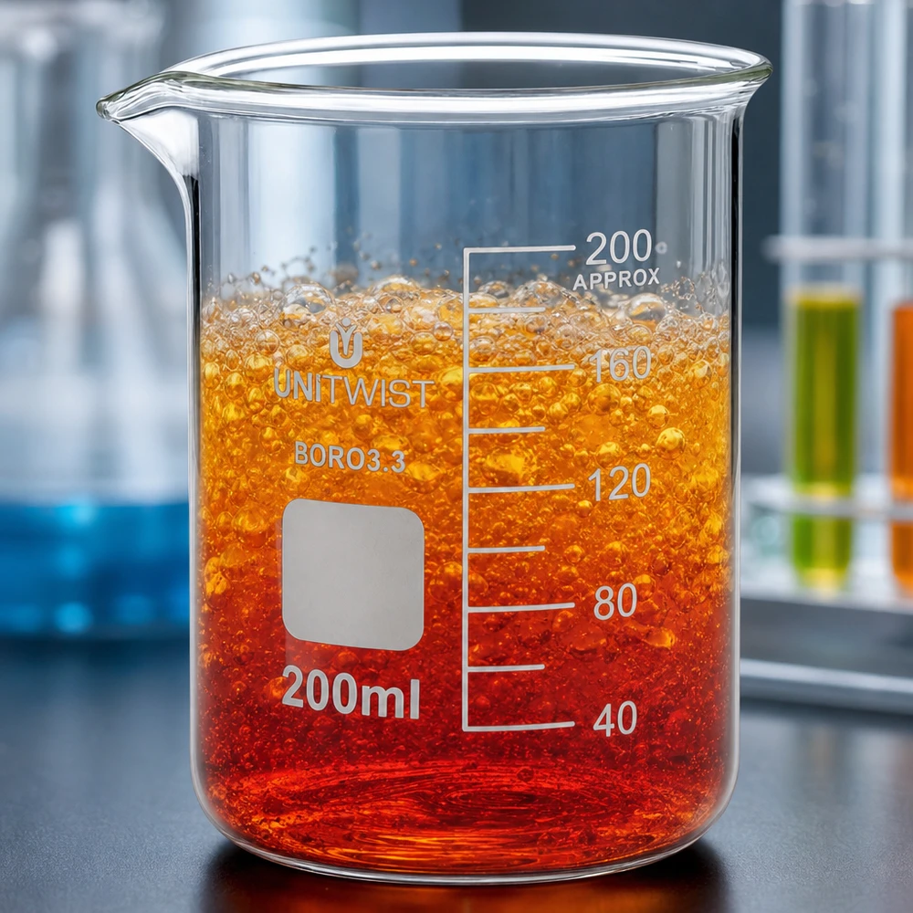 Copo 200 ml de borossilicato, baixo teor de bolor UNiTWIST Copo de vidro de 200 ml, de borossilicato, de formato baixo, com um líquido de reação espumante de cor laranja-avermelhada