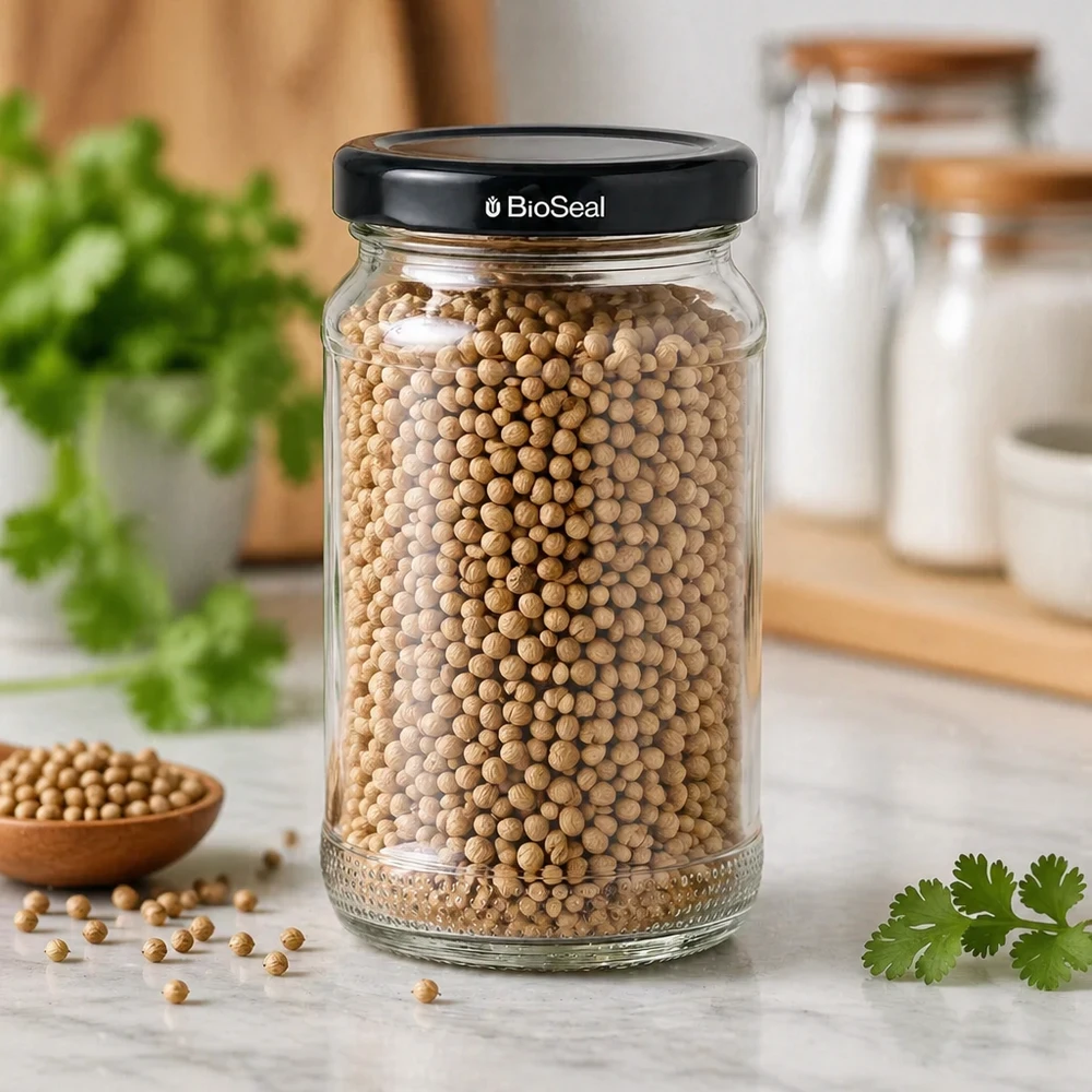 Frasco de armazenamento UNiTWIST Runda110 cheio de sementes de coentros e tampa preta TO48 BioSeal numa cozinha moderna