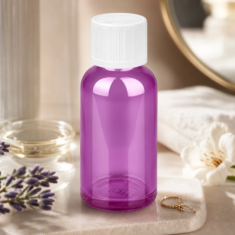 Frasco de 30 ml com tampa de rosca de 11 mm branca padrão resistente a crianças PurpleLine UT18/30 Frasco compacto de vidro violeta de 30 ml com fecho de segurança para crianças para guardar líquidos em segurança