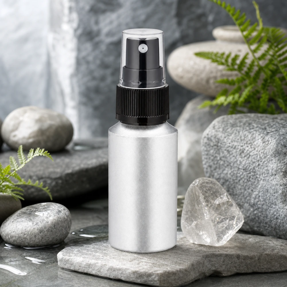 Frasco compacto de alumínio de 30 ml com cabeça de pulverização precisa para levar em viagem