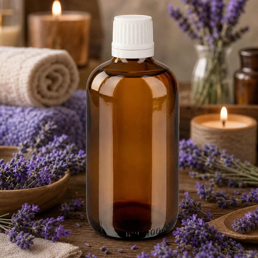 Frasco de farmácia castanho 100ml tampa de rosca branca fecho inviolável Frasco de farmácia castanho de 100 ml com tampa de segurança branca, rodeado por flores de lavanda e velas