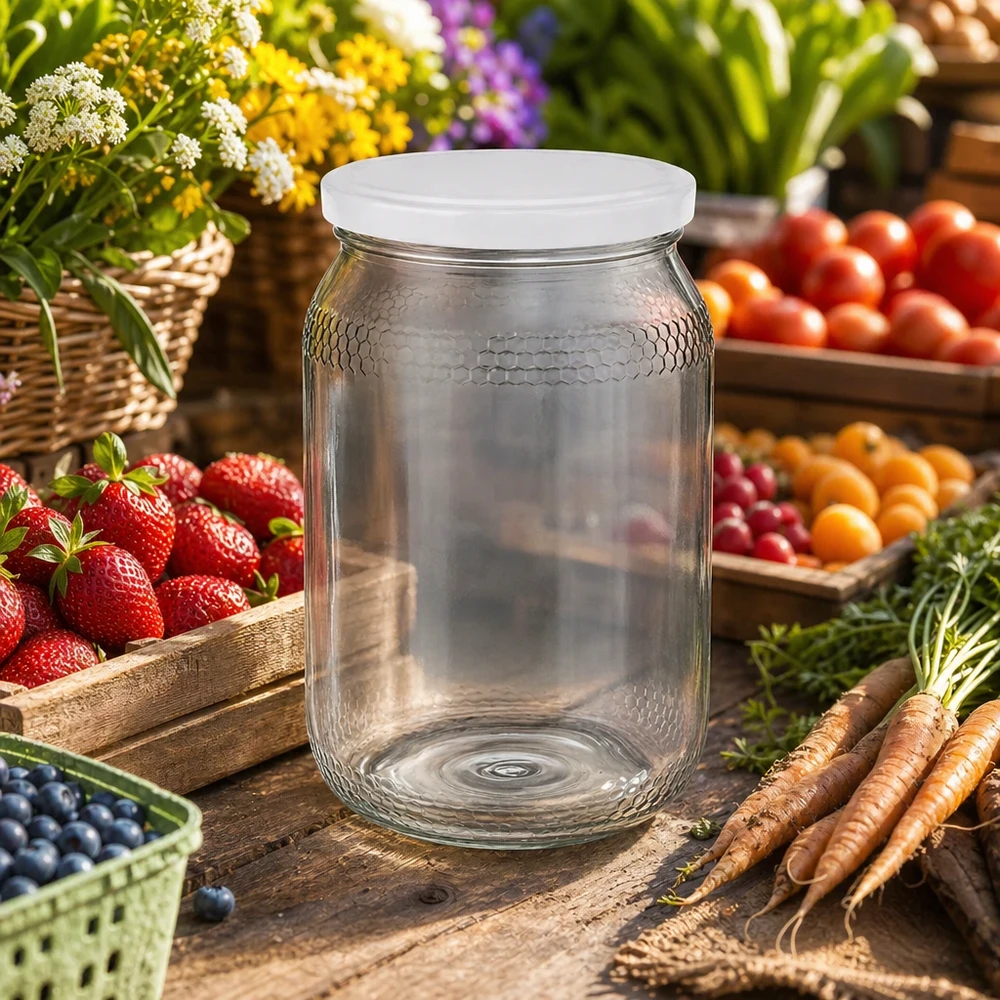 Frasco de mel vazio de 900 ml com tampa BasicSeal branca entre frutos e legumes frescos mostra uma utilização natural