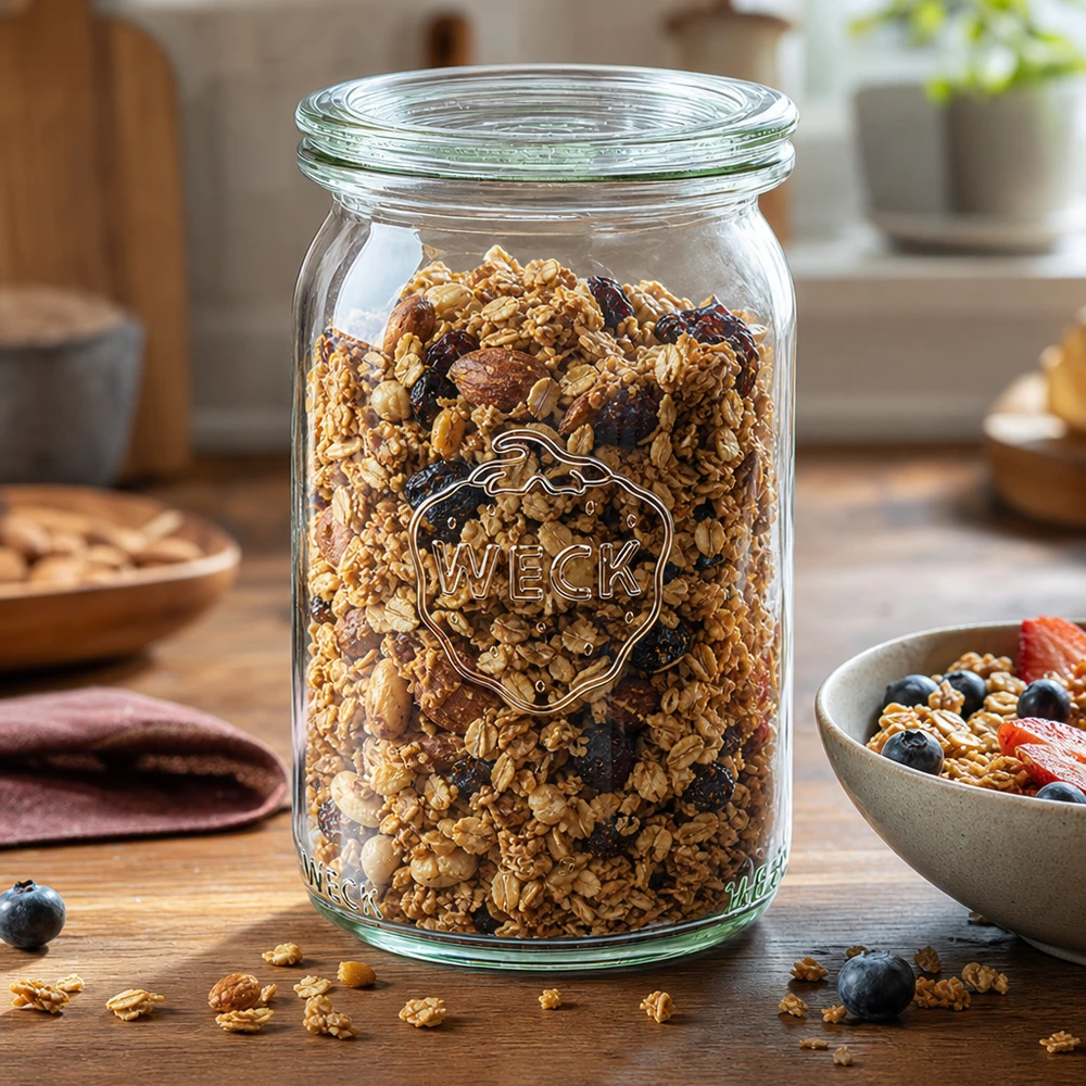 Frasco cilíndrico WECK de 145 ml cheio de muesli e nozes como frasco de arrumação numa mesa de madeira numa cozinha moderna