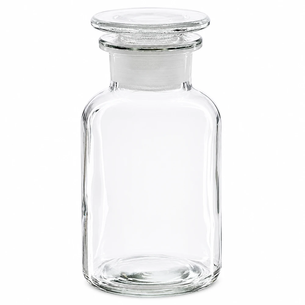 Garrafa de ombro redonda 250ml com tampa de vidro transparente de gargalo largo Garrafa transparente de ombros arredondados, com 250 ml, com rolha de vidro e gargalo largo, para laboratório e farmácia