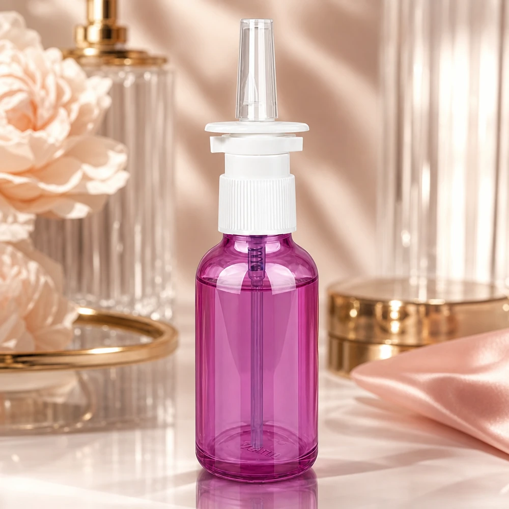 Frasco de spray nasal de 30ml branco/transparente padrão PurpleLine. UT18/30 Frasco de spray nasal de 30 ml de alta qualidade com rosca UT18 em roxo para preparações farmacêuticas