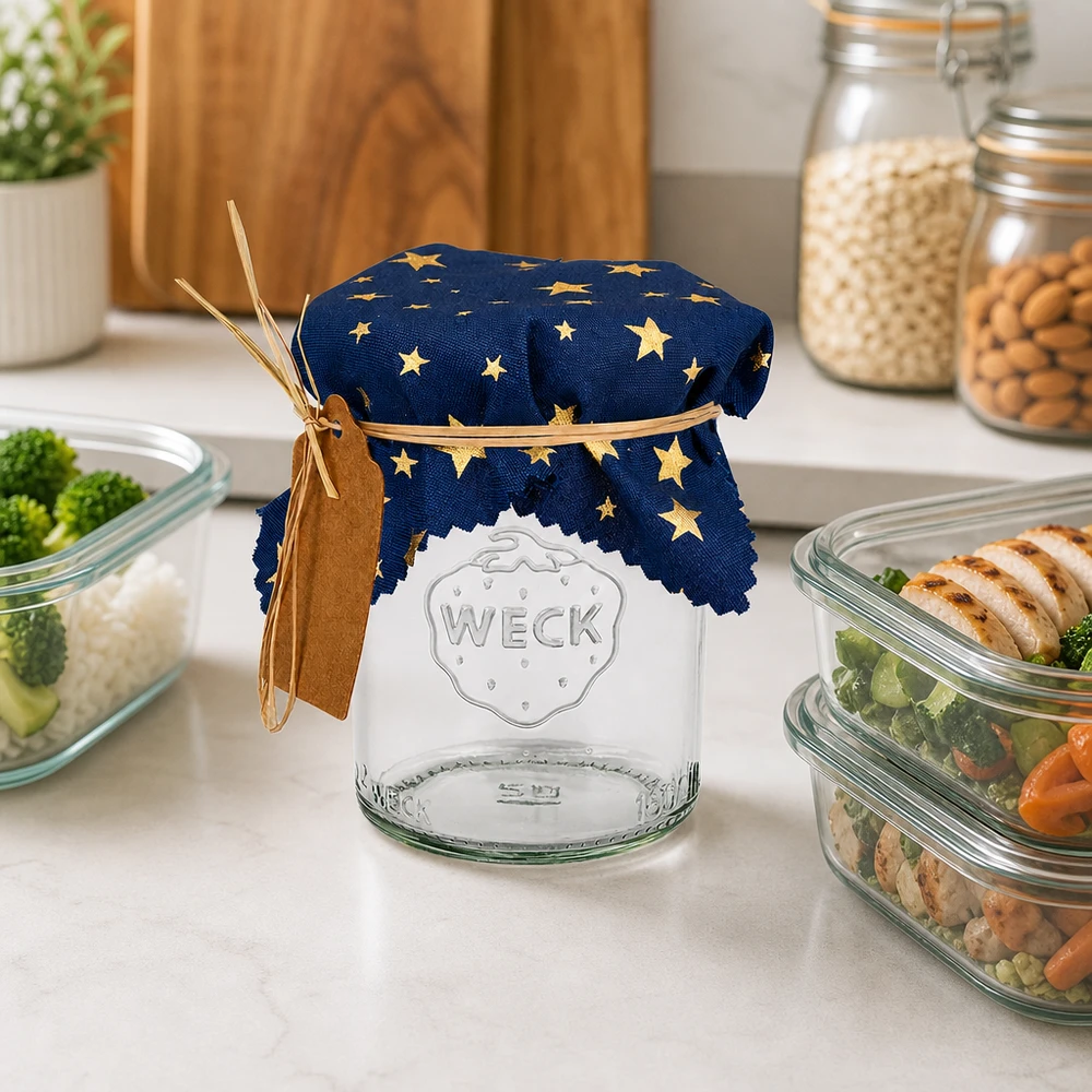 Pano de jóias em tecido azul "estrelas" quadrado de 12 cm Pano de cozinha azul com estrela de 12 cm num frasco WECK numa cozinha moderna com taças de preparação de refeições e frascos de arrumação