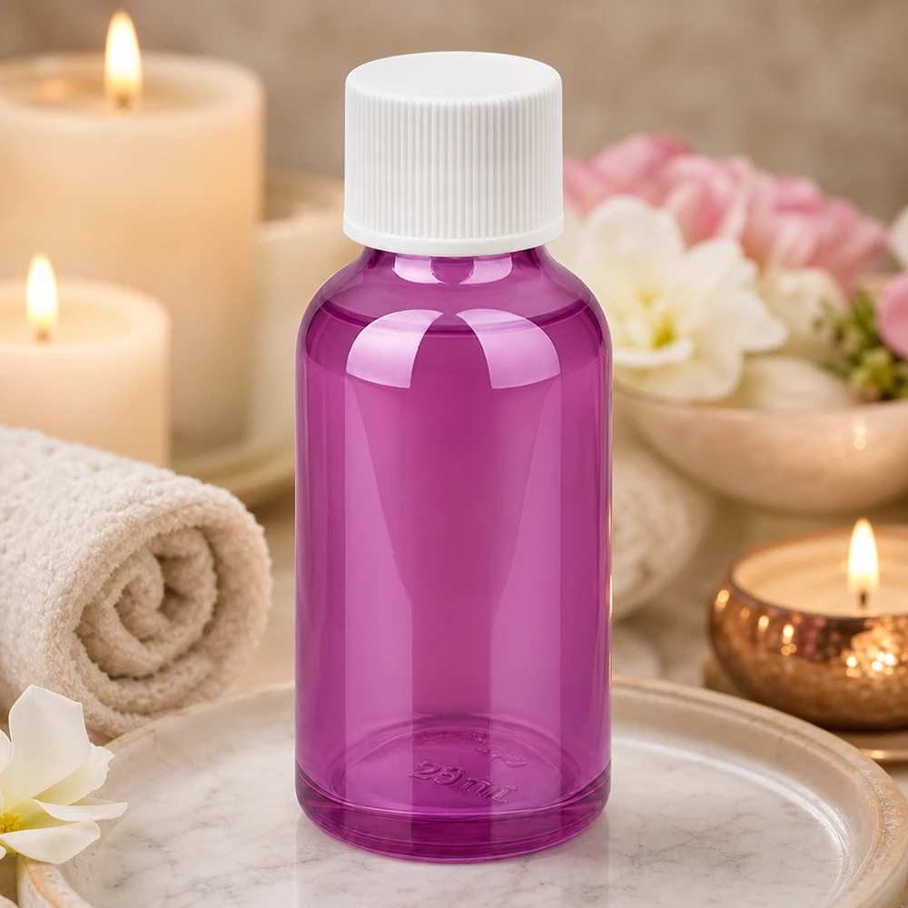 Frasco de 30 ml com tampa de rosca de 11 mm branco padrão PurpleLine UT18/30 Frasco de cosméticos de 30 ml roxo com tampa de rosca branca para produtos de beleza e de cuidados da pele