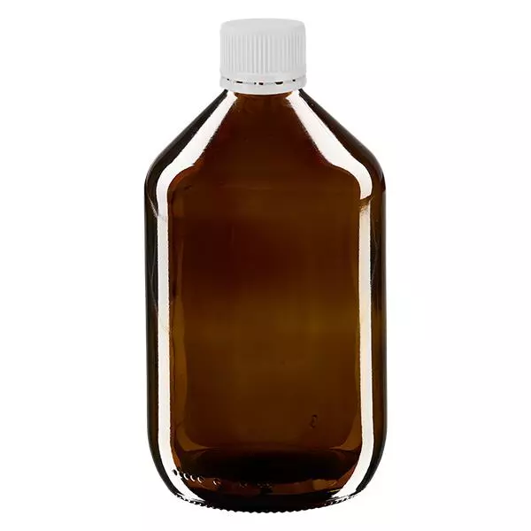 Frasco de medicamento de 500ml marrom, tampa branca com anel inviolável ApoGlas Frasco de medicamento de 500ml marrom, tampa branca com anel inviolável ApoGlas