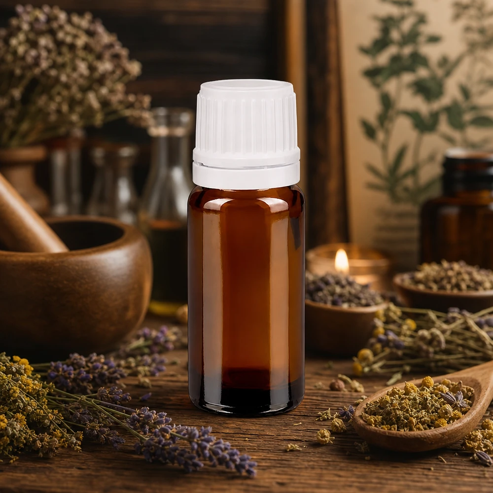 Frasco conta-gotas compacto de 10 ml, em vidro âmbar, com tampa de rosca branca, para medicina natural