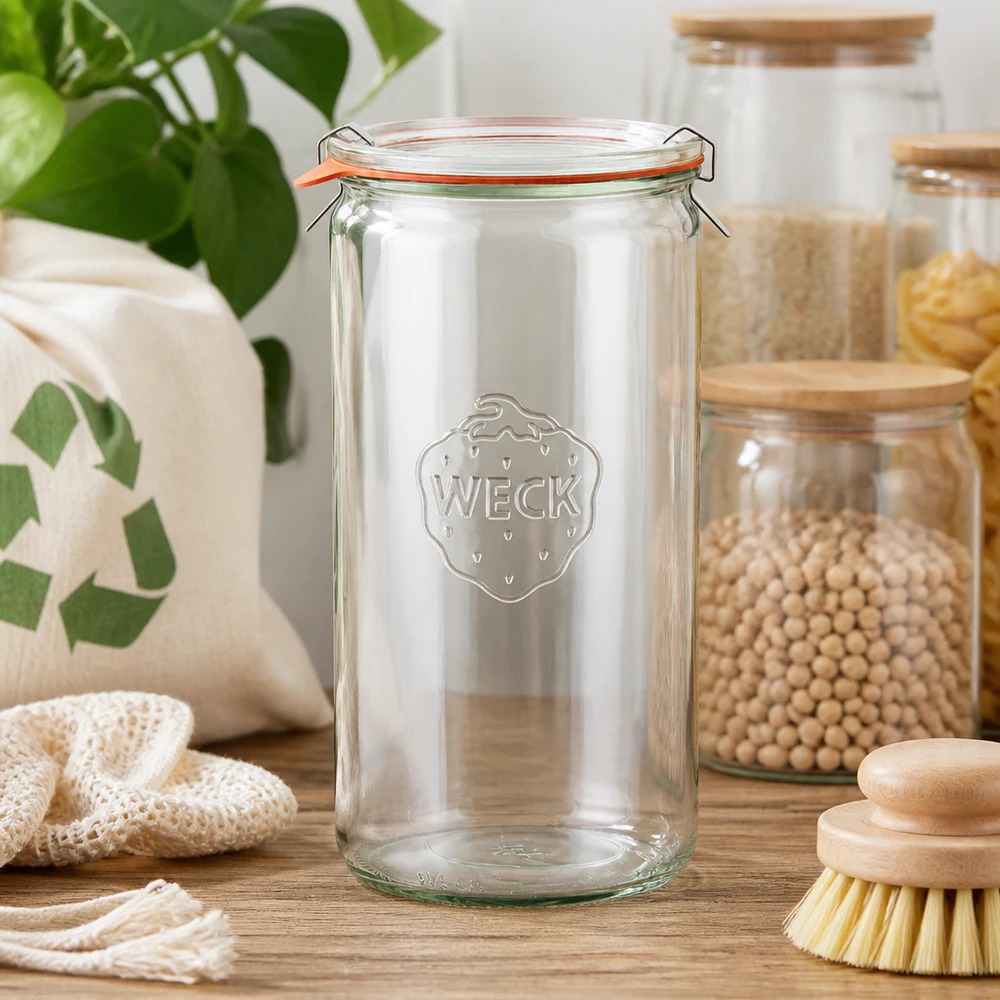 Frasco cilíndrico WECK 1590ml RR100 vazio em cozinha sustentável com frascos de arrumação legumes estilo de vida zero desperdício
