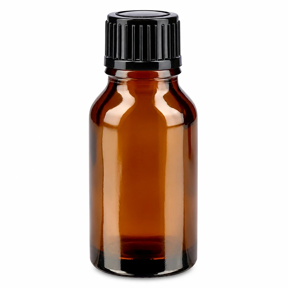 Frasco de farmácia castanho de 15 ml com tampa de rosca preta, em vidro castanho de alta qualidade
