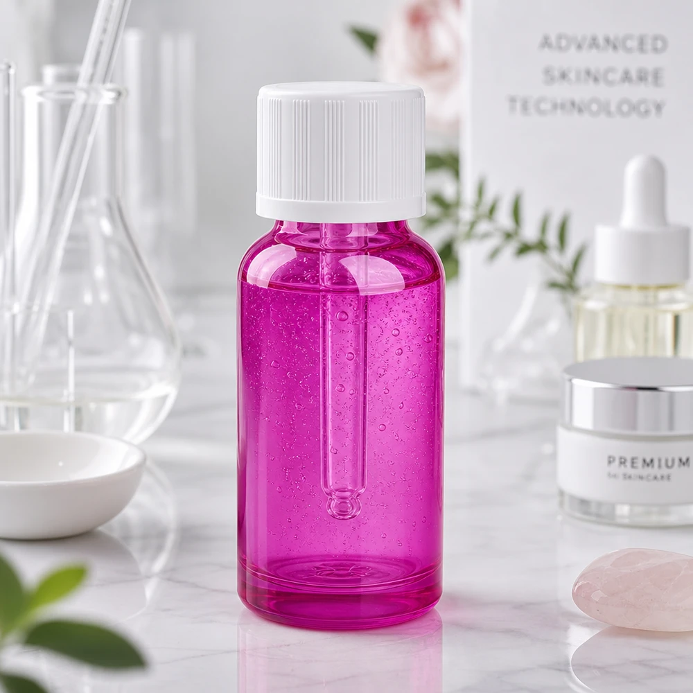 Frasco conta-gotas de 20 ml com 1,2 mm de vidro branco padrão resistente a crianças PurpleLine.UT18/20 Frasco conta-gotas vazio de 20 ml em roxo elegante com tampa branca para aplicações cosméticas e laboratoriais
