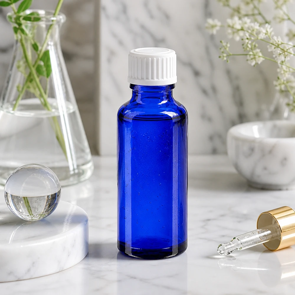 Frasco de farmácia azul de vidro de 30 ml com tampa branca padrão sobre fundo de mármore e pipeta