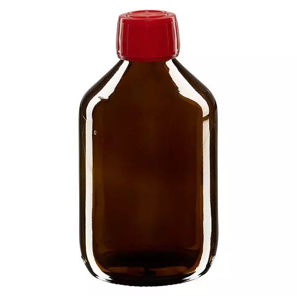 300ml Medizinflasche braun, Verschluss rot mit Originalitätsring ApoGlas 300ml Medizinflasche braun, Verschluss rot mit Originalitätsring ApoGlas