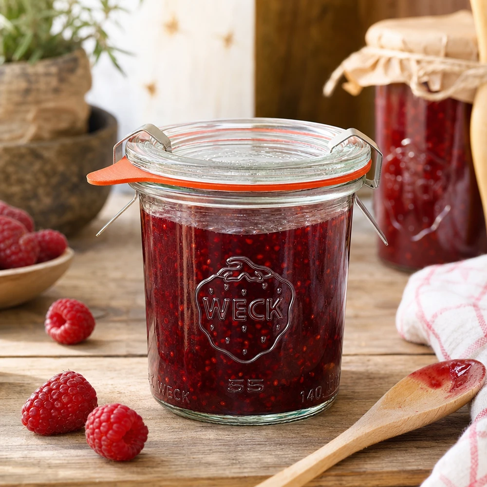 Copos de vidro de 140ml completos WECK RR60 Frasco de conserva WECK de 140 ml RR60 cheio de compota de framboesa numa cozinha rústica com bagas frescas e colher de pau
