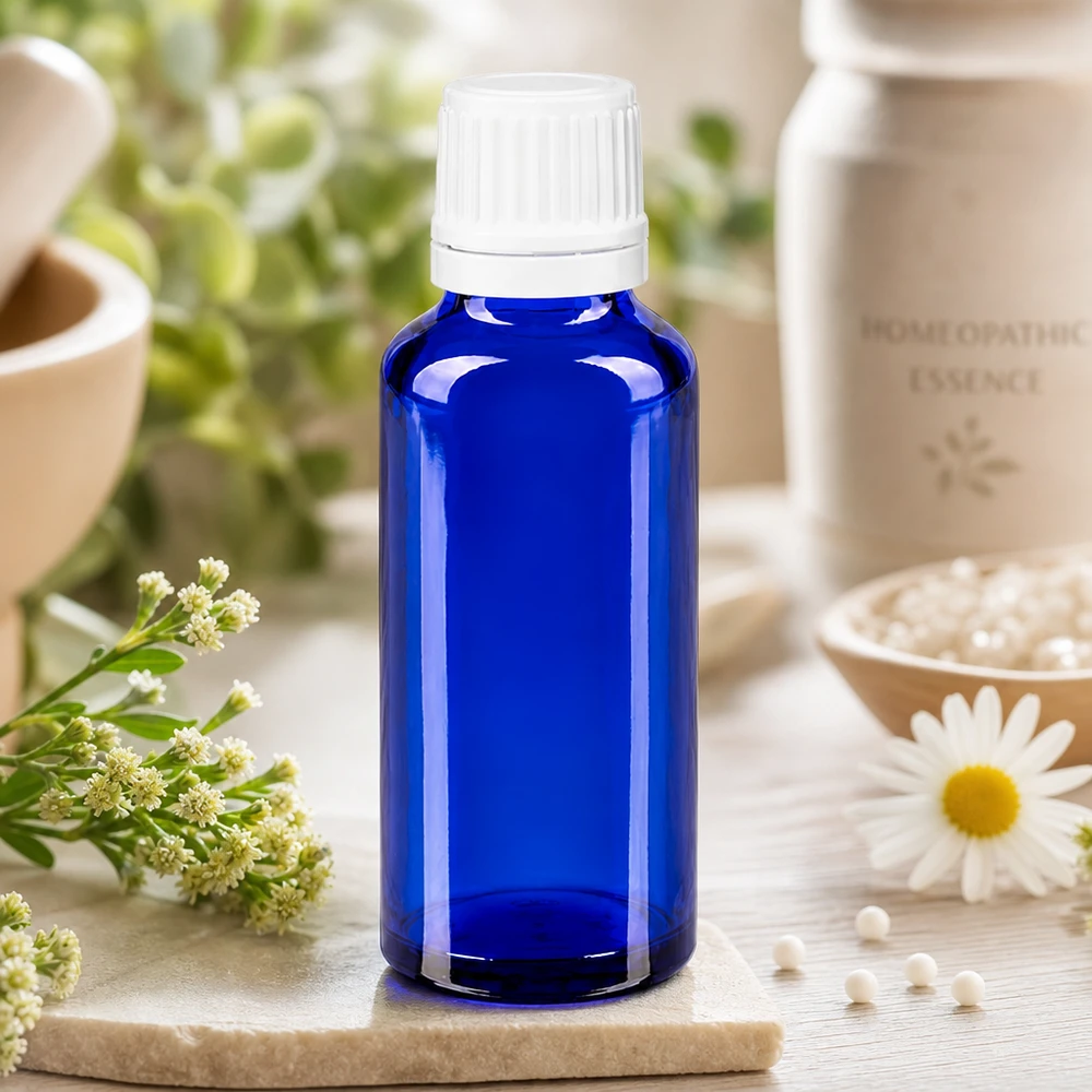 Frasco conta-gotas azul de 30 ml para homeopatia, em ApoGlas, com OV branco ao lado de uma flor de camomila e glóbulos