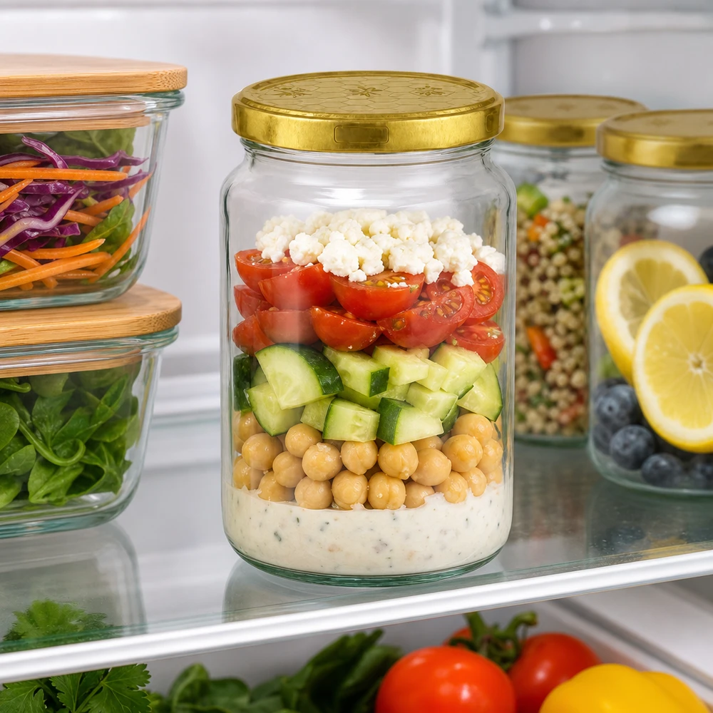 Frasco redondo de 795 ml com tampa dourada para salada de preparação de refeições no frigorífico - perfeito para guardar