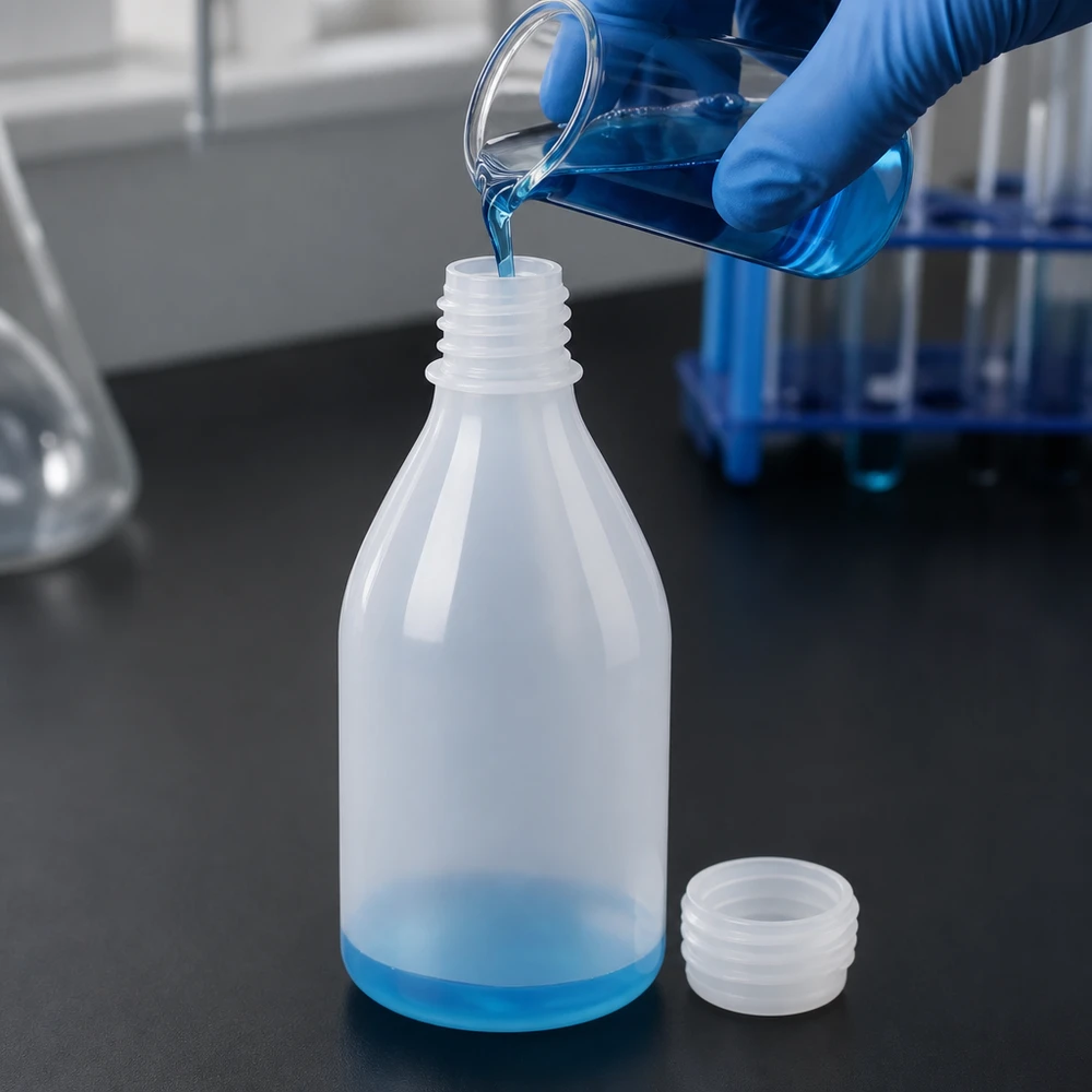 Frasco de laboratório de 100ml com gargalo estreito e sem tampa O líquido azul é vertido num frasco de laboratório de 100 ml, de gargalo estreito, feito de plástico transparente