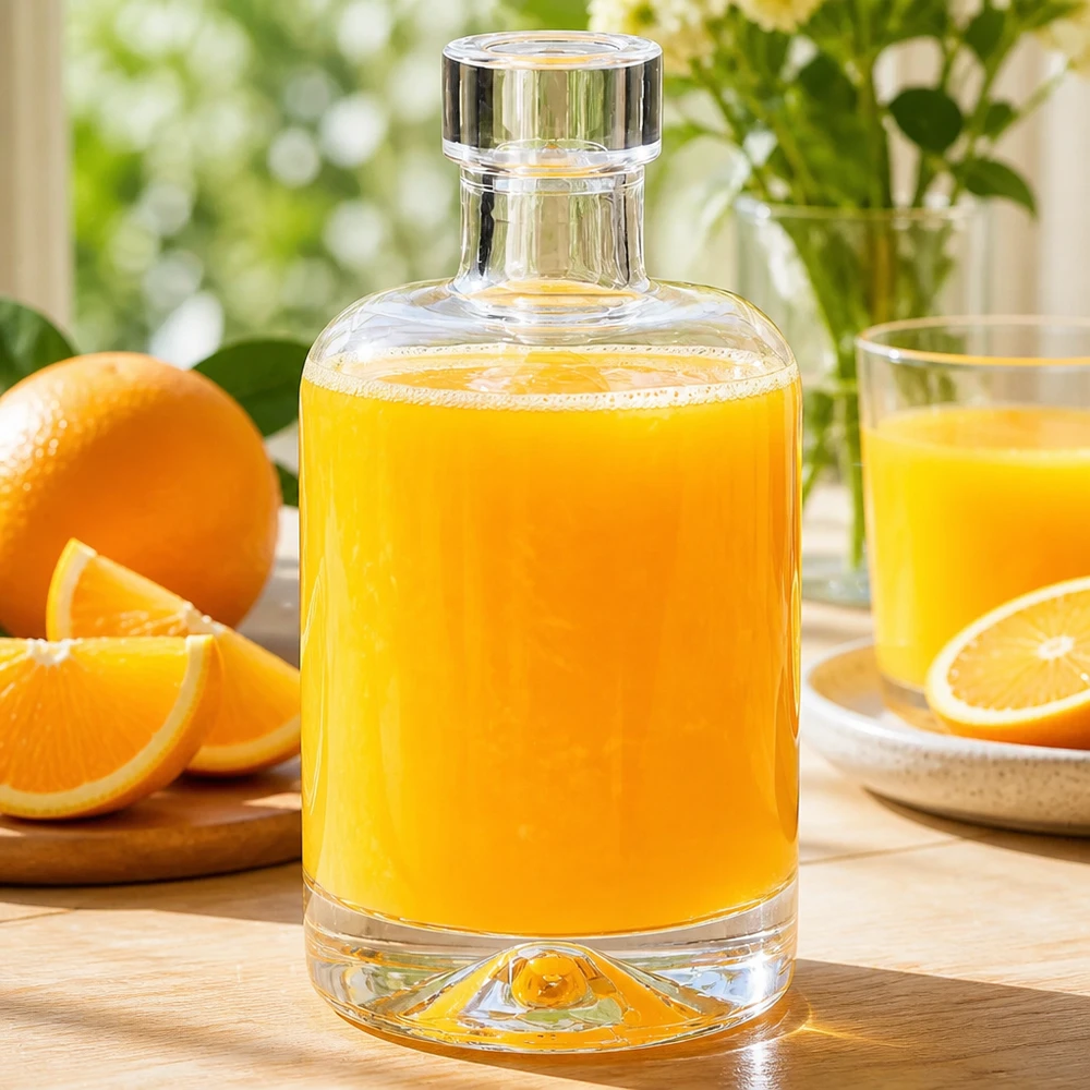 Garrafa de vidro de 50 ml Amelie cheia de sumo de laranja ao lado de laranjas frescas mostra a utilização para sumos de fruta e batidos