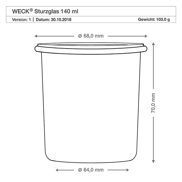 Copos de vidro 140ml com colher de mel Copos WECK 140ml desenho técnico dimensões dimensões 68mm diâmetro 70mm altura especificação do produto