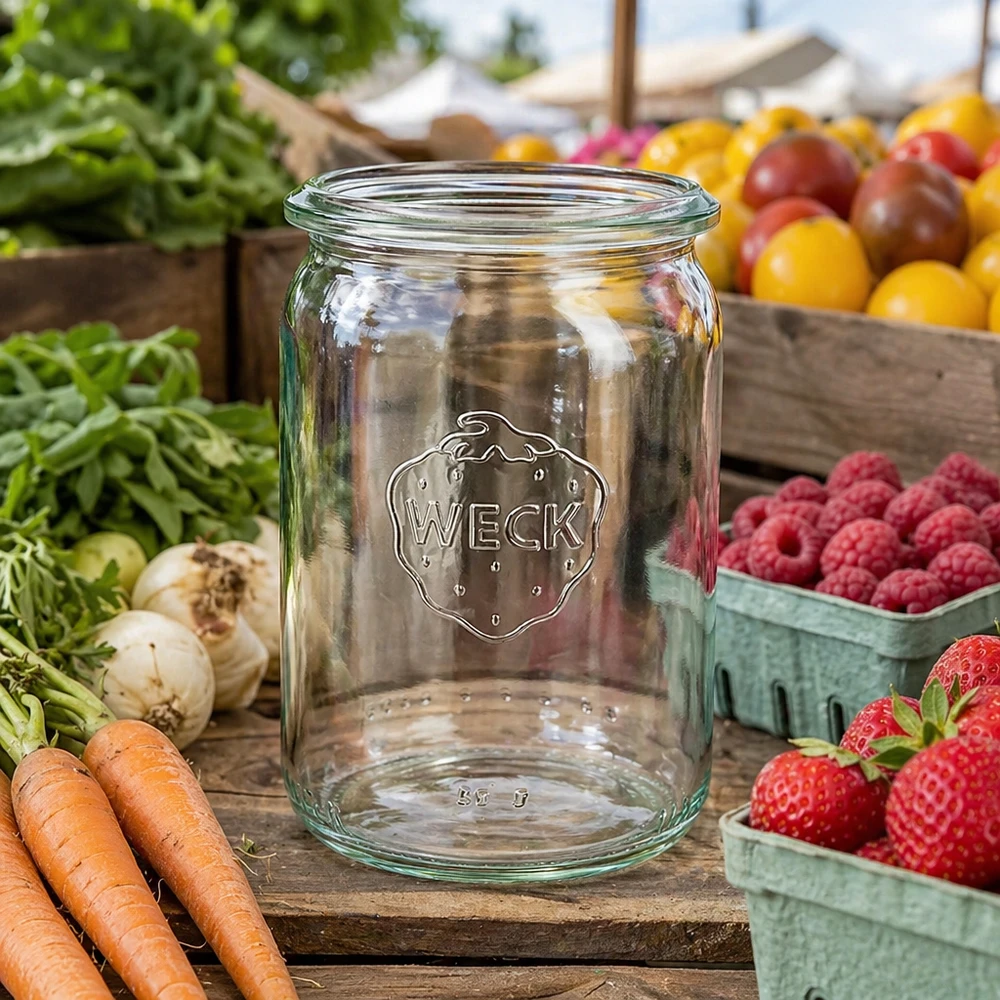 Frasco cilíndrico WECK RR40 de 145 ml apresentado numa banca de mercado entre cenouras frescas, morangos, framboesas e legumes coloridos.