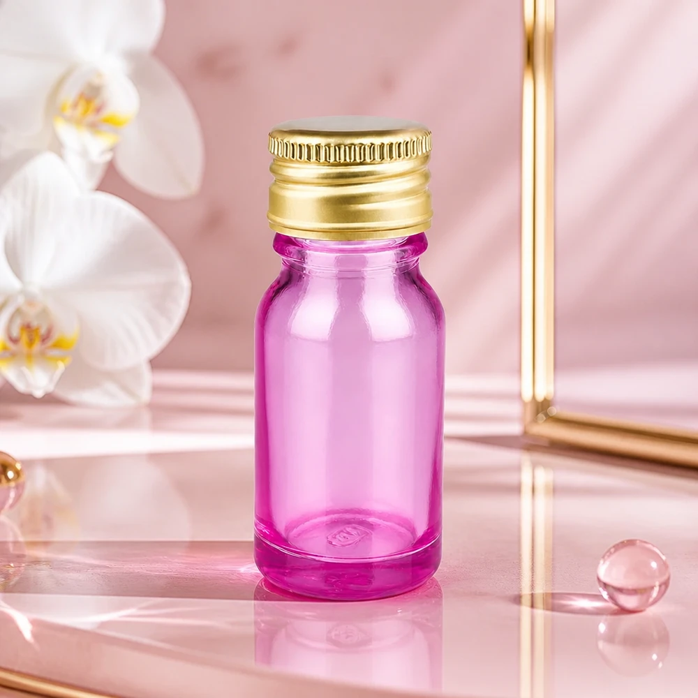 Frasco de 10 ml com tampa de rosca de 11 mm em alumínio dourado padrão PurpleLine. UT18/10 Frasco elegante de 10 ml em roxo transparente com uma luxuosa tampa em alumínio dourado para produtos de qualidade superior