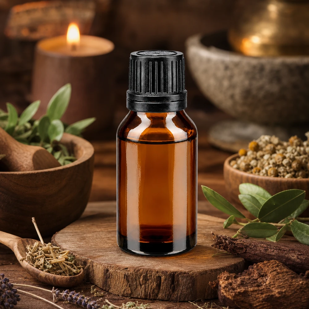 Ervas aromáticas e frasco castanho de farmácia de 15 ml com tampa conta-gotas preta em madeira