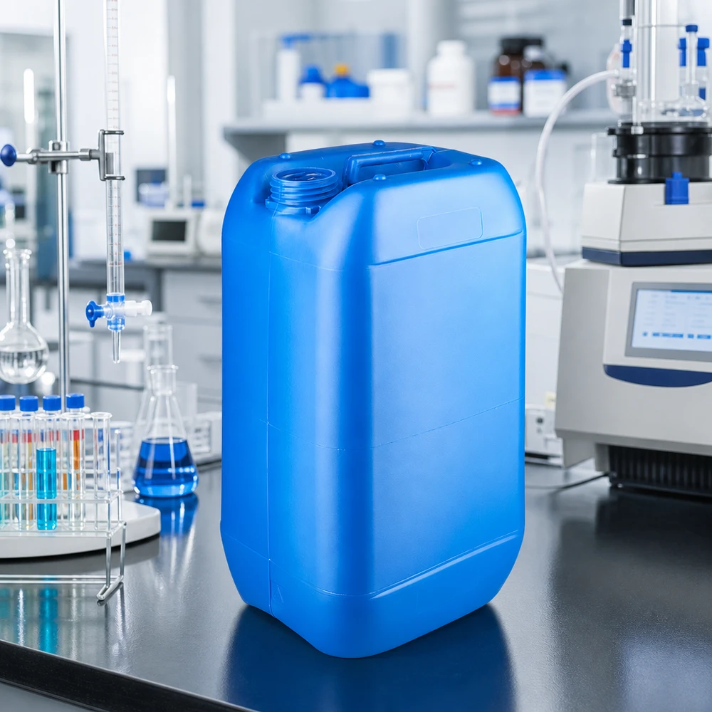 Bidão azul vazio de 15 litros, sem tampa, colocado num ambiente de laboratório profissional
