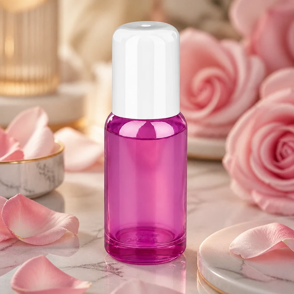 Frasco roll-on de 20 ml com design elegante em roxo para aplicações de aromaterapia