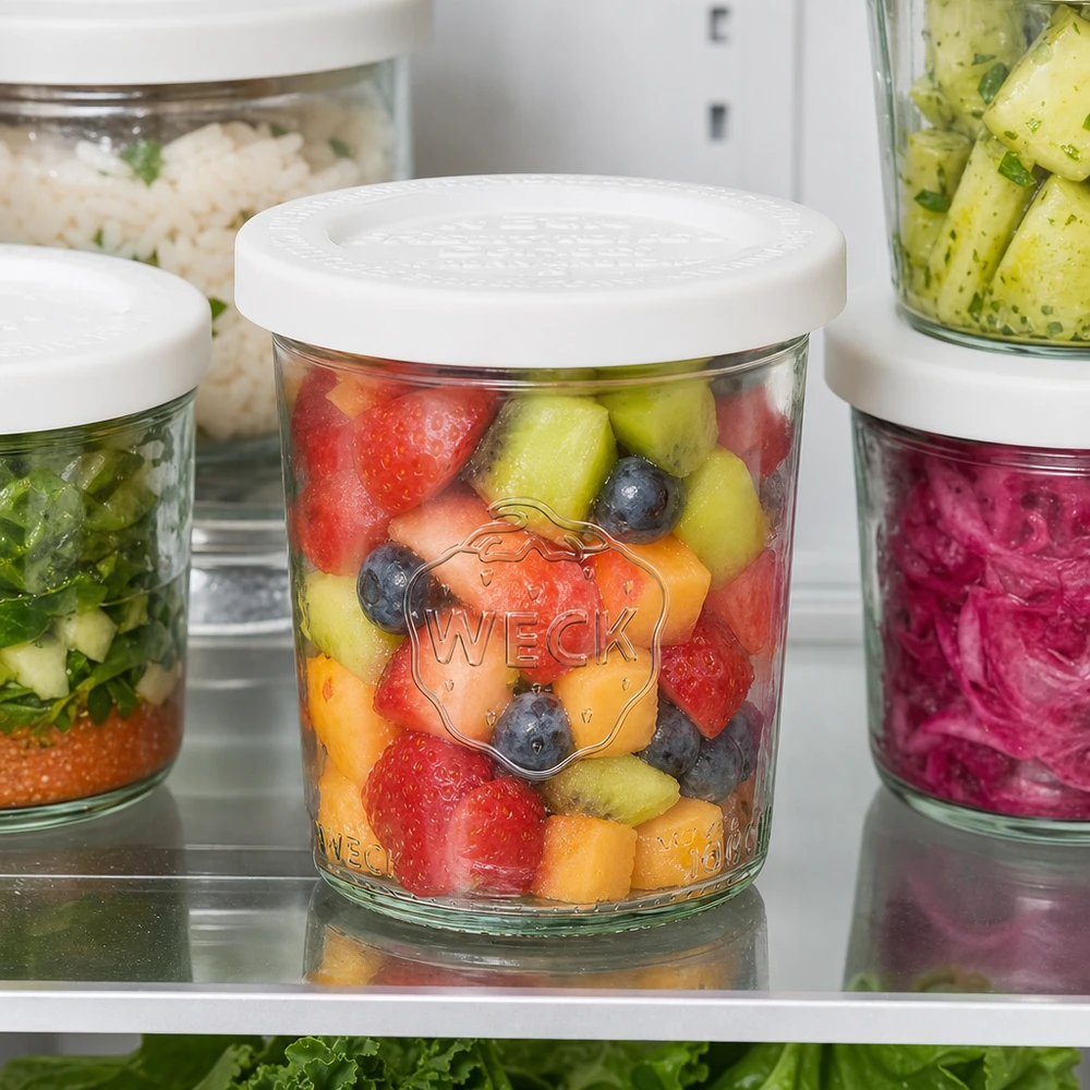Copos WECK 160ml RR60 com salada de fruta colorida no frigorífico - Recipiente de preparação de refeições para fruta fresca