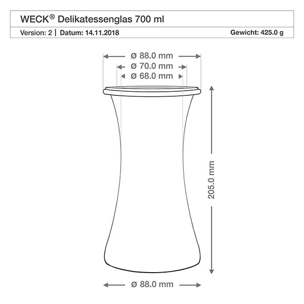 Frasco de charcutaria de 700ml WECK RR80 com tampa de madeira Frasco WECK delicatessen 700ml RR80 desenho técnico com dimensões 88mm diâmetro 205mm altura Especificação do produto