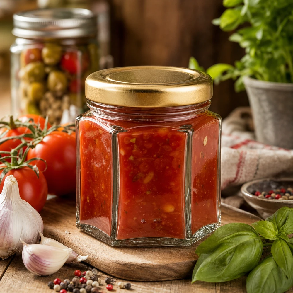 Frasco de mel hexagonal de 60 g cheio de doce de tomate rodeado de tomates frescos, alho e manjericão