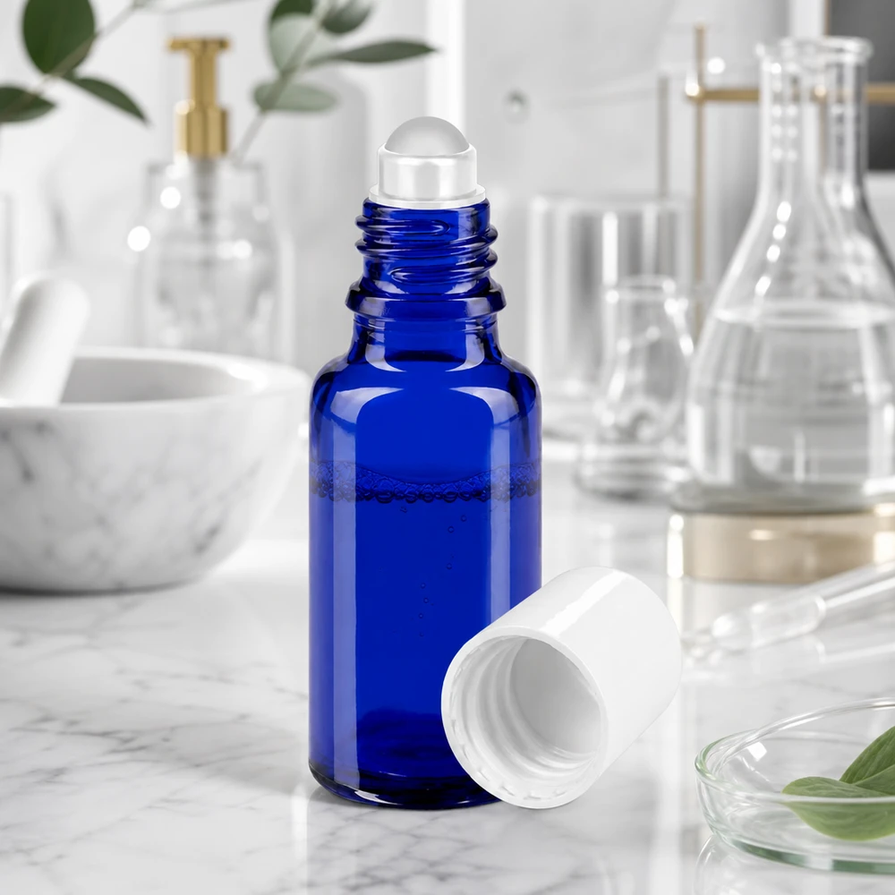 Frasco roll-on aberto de 20 ml, em vidro azul de farmácia, com esferinha transparente sobre fundo de mármore