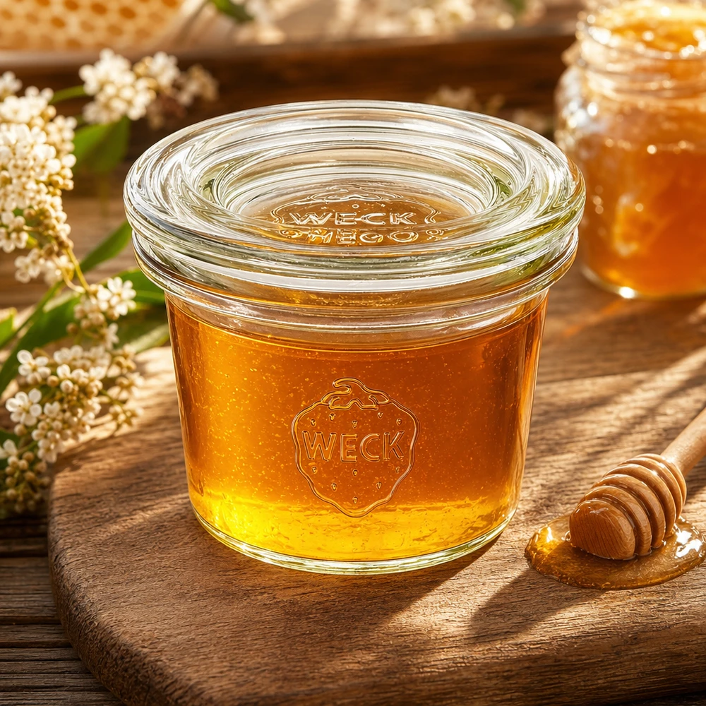 Frasco de vidro WECK 35ml RR40 cheio de mel entre flores numa tábua de madeira, mostra uma utilização natural