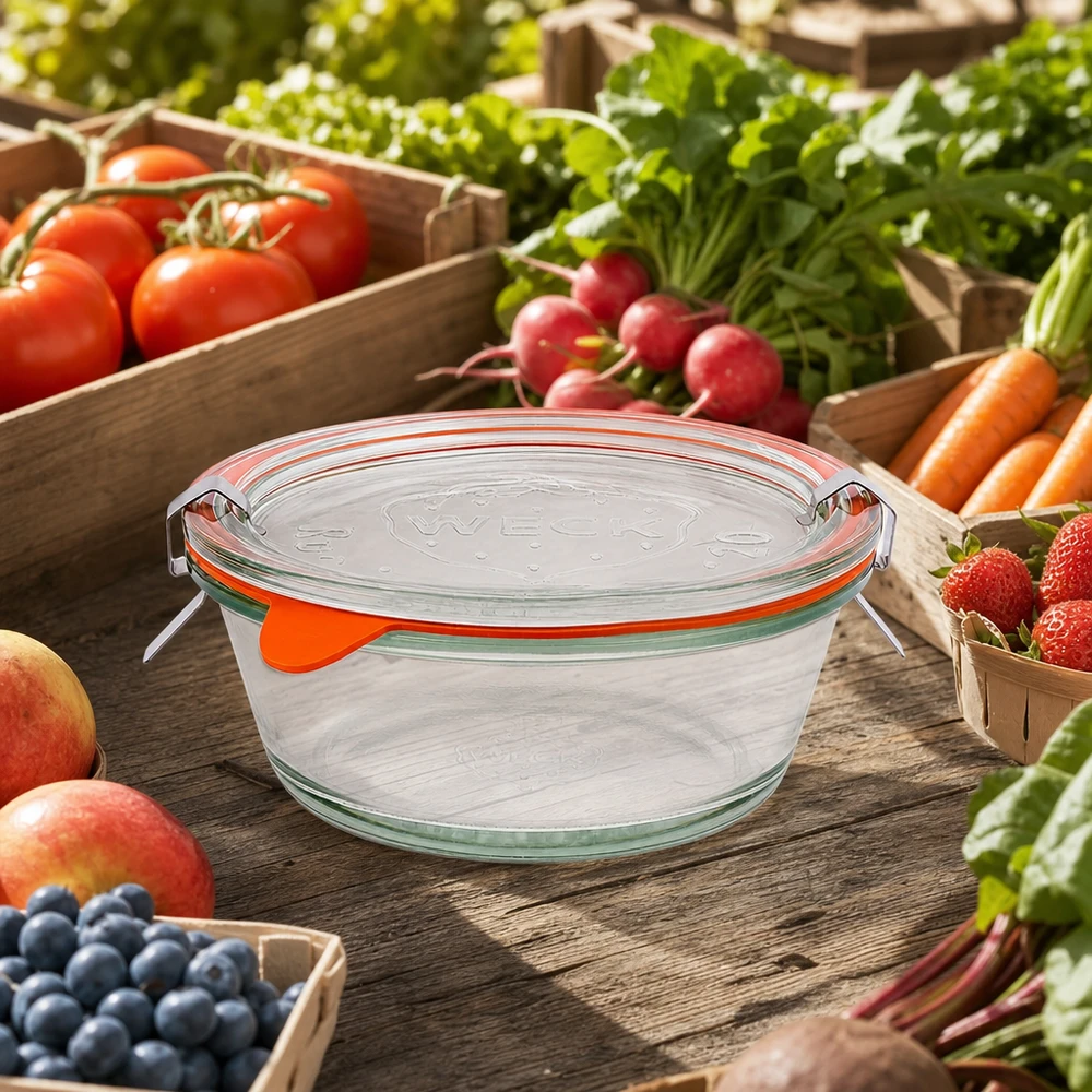 300ml Gourmetglas komplett WECK RR120 Frasco gourmet WECK 300ml RR120 rodeado de legumes frescos do mercado em caixas de madeira, conservação sustentável em vidro