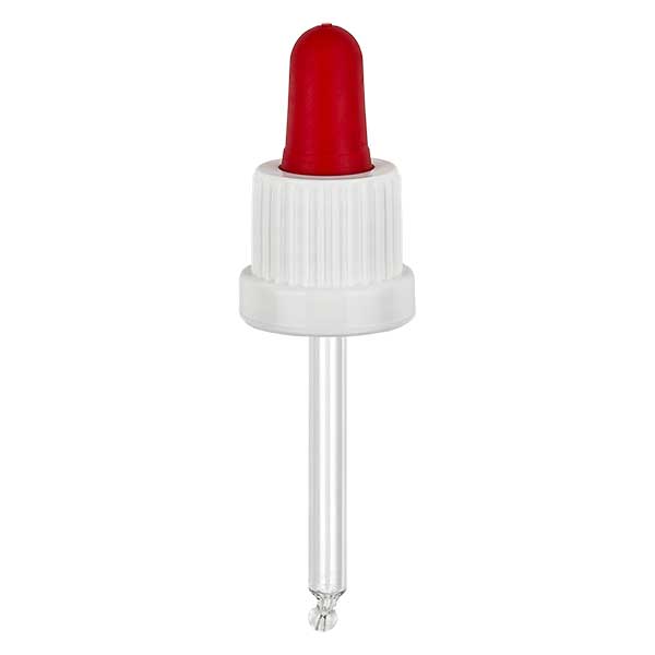 Pipeta conta-gotas de vidro branca/vermelha 18mm PL53.5 com fecho inviolável Pipeta conta-gotas de vidro branca/vermelha 18mm PL53.5 com fecho inviolável