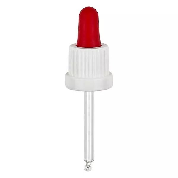 Pipeta conta-gotas de vidro branca/vermelha 18mm PL53.5 com fecho inviolável Pipeta conta-gotas de vidro branca/vermelha 18mm PL53.5 com fecho inviolável